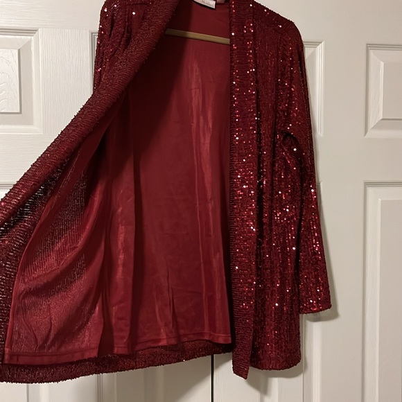 Belle by Kim Gravel Size Med Deep red Sequin Cardigan Like New Condition - Picture 2 of 5